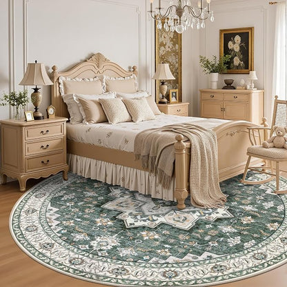 Round Area Rug for Living Room: 4ft Boho Washable Rug Green Ivory | Vintage - Image 4