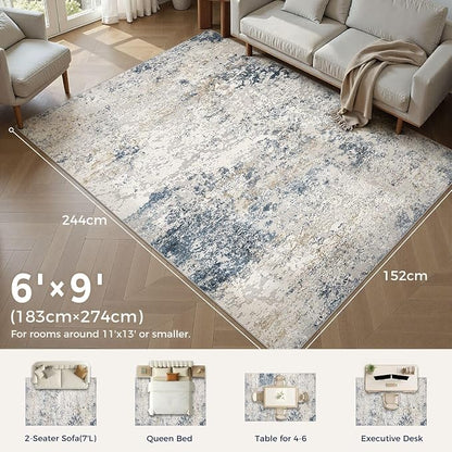 DMOYEST Area Rug Living Room Rugs 6x9 Washable Abstract Beige Blue Carpet | - Image 2
