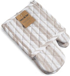 1 Oven Mitt, 1 PotHolder & 1 Kitchen Apron Set - Durable Heat Resistant Gloves - Thick Mittens for Kitchen - Suitable for Cooking, Baking, Grilling – for Men & Women – Taupe Stripes - Casa De Lan