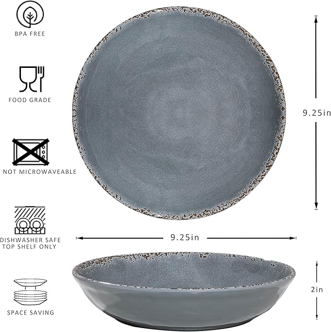 Melamine Pasta Bowls Set,6 Piece 9.25 inch Vintage Melamine Pasta/Salad/Ramen/Noodle/dinner/Fruit Bowls, Set of 6,Unbreakable Large Shallow Serving Bowls set,Cool Grey…