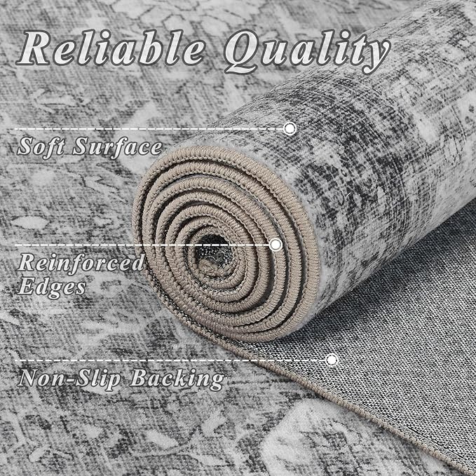 Schweek Grey 5x7 Area Rug for Living Room Washable Vintage Neutral Rugs | Non - Image 5