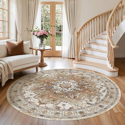 Madane Washable 6ft Circle Round Rug, 6x6 Circular Area Rugs, Turmeric/Grey | - Image 3