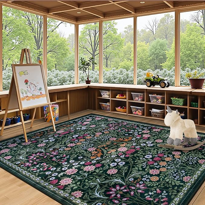 PLHXFR Area Rug Living Room: 4x6 Floral Washable Boho Carpet Dark Green | - Image 5