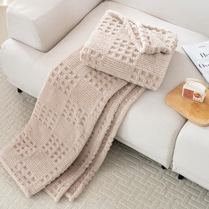 60x80 Inch Waffle Brown Twin Blanket -Fluffy Fleece, Neutral Tan Color - Image 3