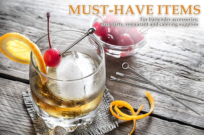 DEMIGO Cocktail Picks 16pcs, 8 New Styles Stainless Steel Reusable Olive Stuffers Martini Pick set Fruit Toothpick Garnish Skewers Appetizer Drink Stick for Bar party, Barbeque Snack, Club sandwiches