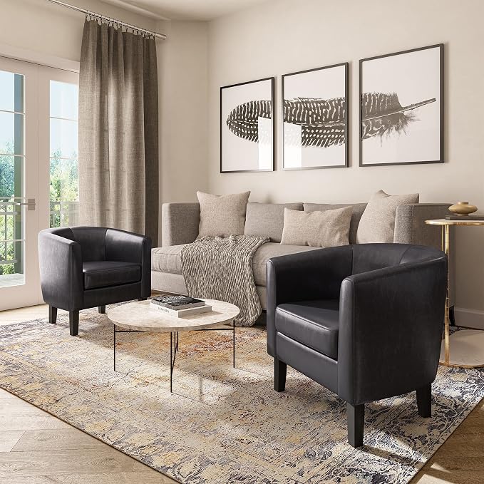BELLEZE Accent Barrel Chair Set of 2, Linen Round Chair Club Tub Sofa Corner - Image 6
