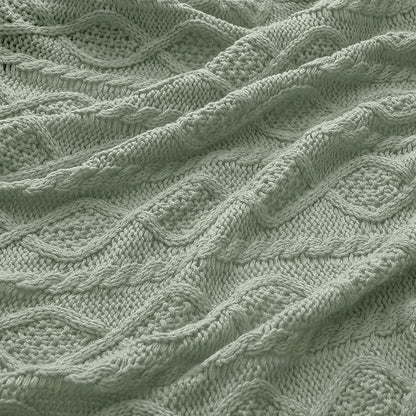 Homiest Cable Knit Throw Blanket and Pillow Set, Sage Green Set of 3, Knitted - Image 6