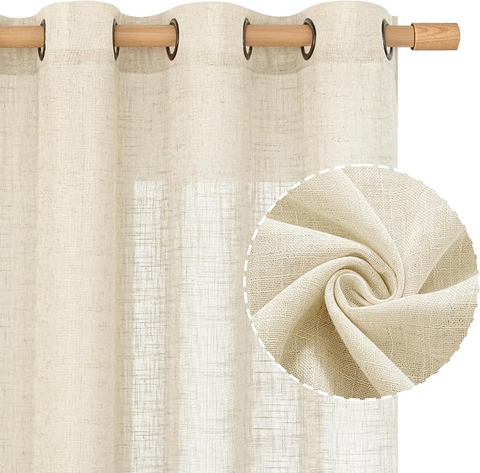 Semi Sheer Linen Curtains for Living Room 80 Inch Length 2 Panels | Beige - Image 2