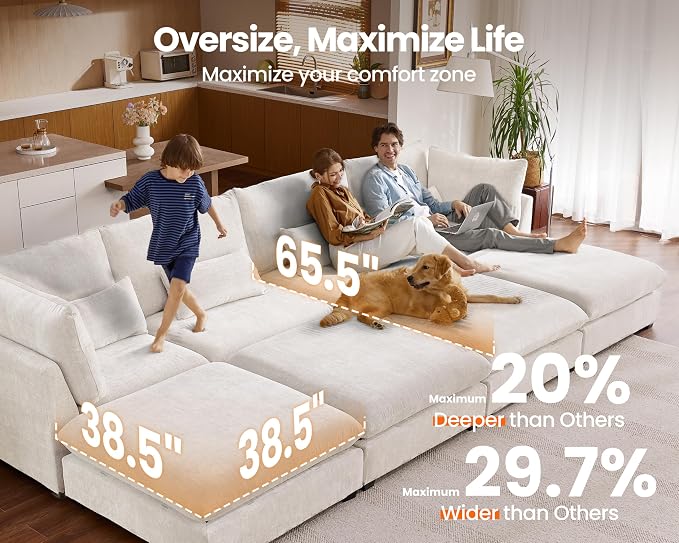 154" Oversized Chenille Couch Modular Sectional Sofa, Washable Cloud Couch - Image 3
