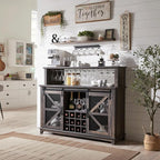 OKD Farmhouse Coffee Bar Cabinet with LED Lights, 55" Wine Bar w/Sliding Barn Door & Wine and Glass Rack, Kitchen Buffet Cabinet w/Storage Shelves for Dining Room,Dark Rustic Oak