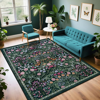 PLHXFR Area Rug Living Room: 5x7 Floral Washable Boho Carpet Dark Green | by PLHXFRSoftAreaRugs