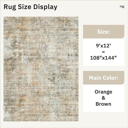 Soalmost 9x12 Area Rugs for Living Room Washable Rug Abstract Orange/Brown | - Image 5