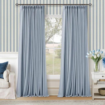 Light Blue Pinch Pleated Dual Layer Blackout Linen Curtains 102 Inches Long | by Twodrapes