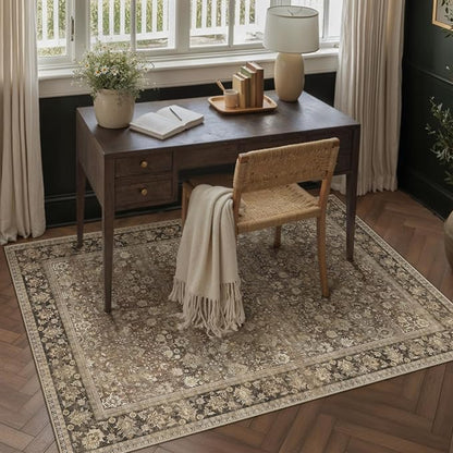 3x5 Washable Area Rug for Entryway | Brown Vintage Floral, Thick Mid Pile by HUGEAR
