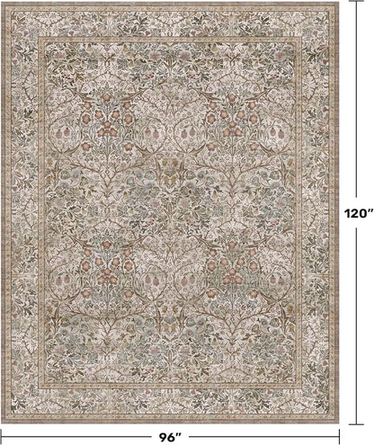 Vintage Moss Green Living Room Rug, Neutral Taupe 8x10 Washable Area Rugs - Image 2