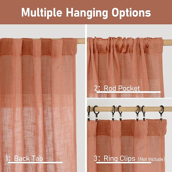 Terracotta Linen Boho Curtains 84 inch Length 2 Panels, Fall Decor | Light - Image 3