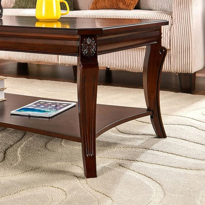 Traditional Coffee Table with Storage Shelf and Carved Leg, Farmhouse Living - Image 7