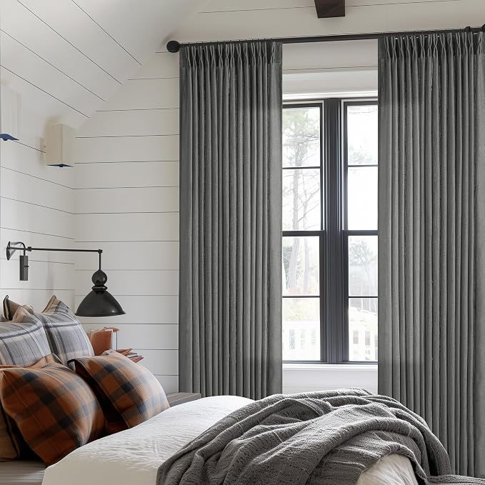 Dark Grey 80 Inch Pinch Pleated Linen Semi Sheer Curtains 2 Panel Set | - Image 6