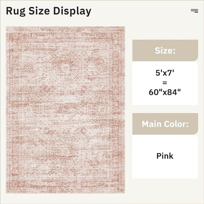 Soalmost 5x7 Area Rugs Pink Low Pile Washable Trendy Faded Style Rug | Vintage - Image 4