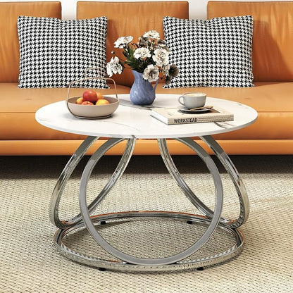 O&K FURNITURE Silver Coffee Table, Round Coffee Table Faux Marble Veins - Image 5