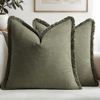 MIULEE Linen Fringe Decorative Euro Throw Pillow Covers Olive Green 28x28 | Set by MIULEE