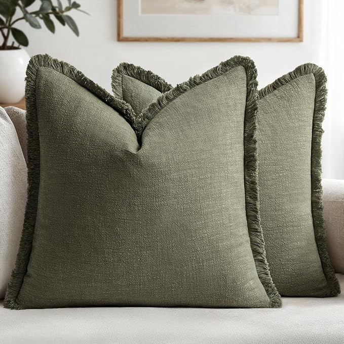 MIULEE Boho Linen Fringe Decorative Throw Pillow Covers Olive Green 18x18 | Set by MIULEE