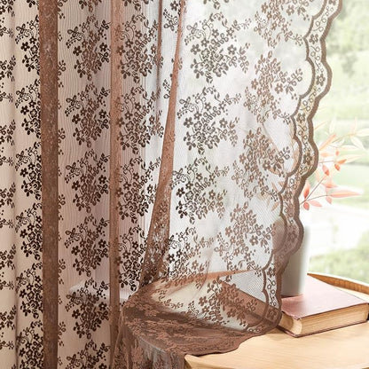 YJ YANJUN Vintage Lace Curtains 96 Inches Long-Victorian Floral Sheer Brown - Image 3