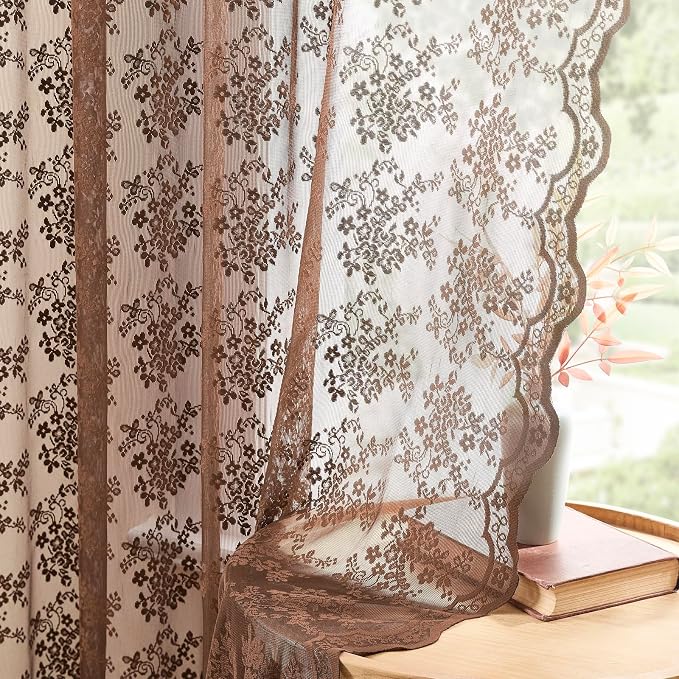 YJ YANJUN Vintage Lace Curtains 72 Inches Long- Country Brown Floral Curtains - Image 2