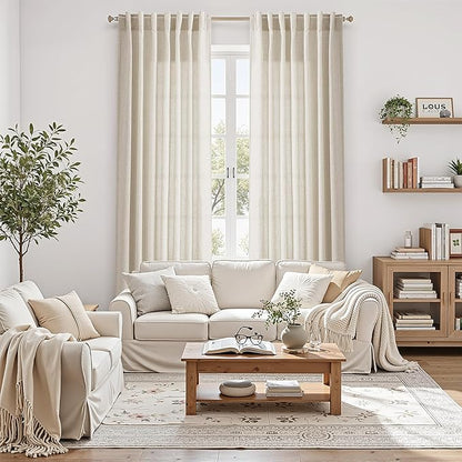 Warm Beige Linen Curtains Semi Sheer 96 Inches Long 2 Panels Set - Image 4