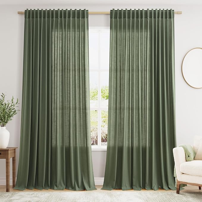 Olive Green Large Window Curtains Light Filtering Semi Sheer Privacy Linen by Nanspring