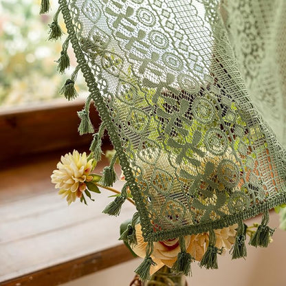 Sutuo Home Olive Green Boho Lace Curtains 2 Panels 45 Inch Long, Semi Sheer - Image 5