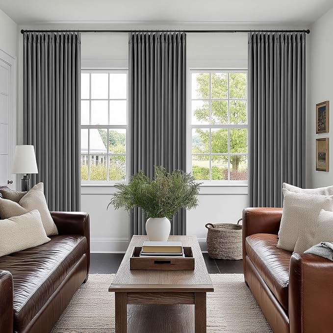Dark Grey Pleated Thick Linen Blackout Curtains 80 Inches Long - Image 9