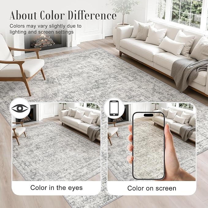 5x8 Area Rug Living Room: Modern Washable Soft Carpet Black Grey | - Image 6