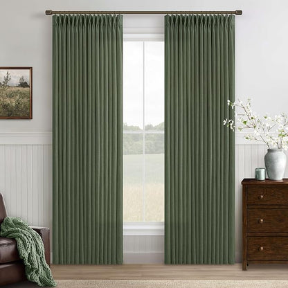 Olive Green Linen Pleated Curtains Semi Sheer Boho Curtain 50Wx80L 2 Panels | by Twodrapes