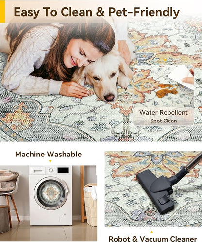 RELEANY Washable Area Rug, Round 4ft, Water Repellent, Pet Friendly, Vintage - Image 4