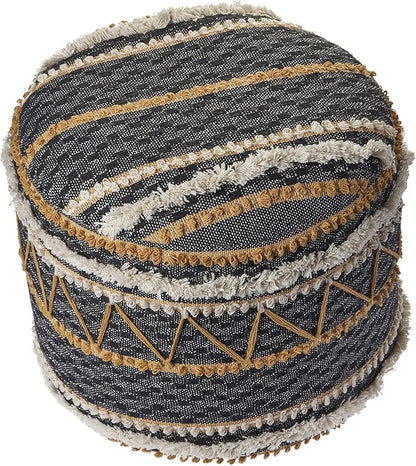 LR Home Black/Tan Coastal Striped Hand-Woven Cotton Ottoman Pouf - Image 3