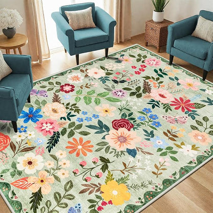 PLHXFR Area Rug Living Room: 5x7 Floral Washable Boho Soft Carpet Green | - Image 2