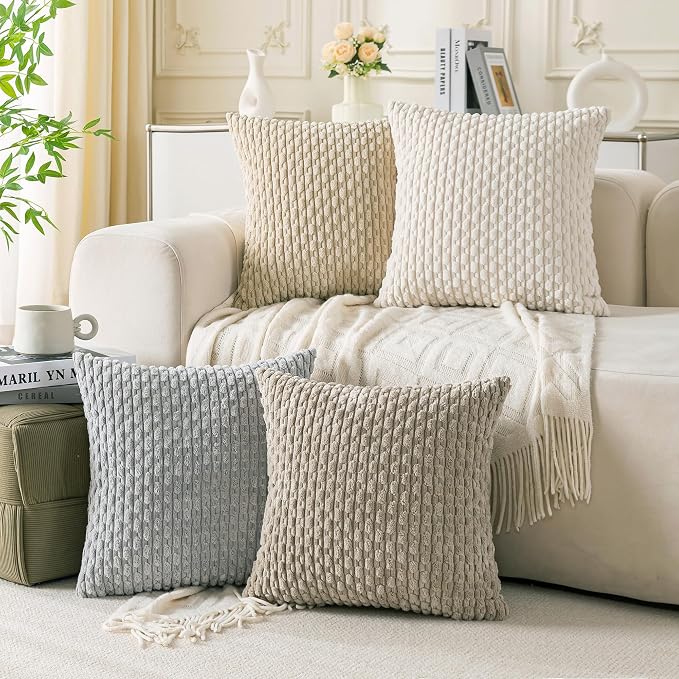 Set of 4 Neutral Decorative Throw Pillow Covers 26x26 Inch Corduroy Pillow by Cozoomy