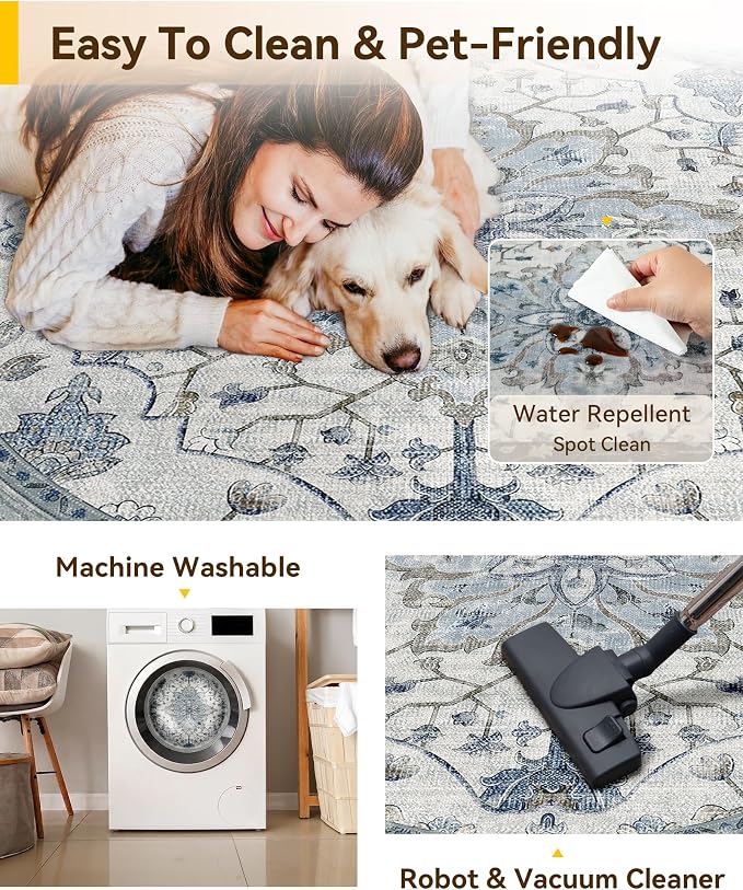 RELEANY Washable Area Rug, Round 8ft, Water Repellent, Pet Friendly, Vintage - Image 5