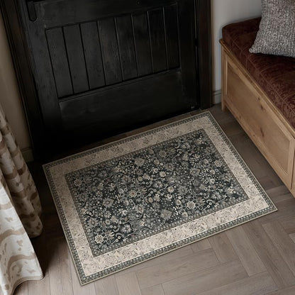 2x3 Black Beige Vintage Floral Washable Area Rug by HUGEAR