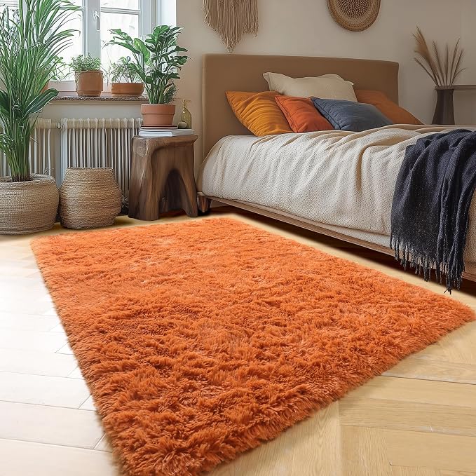 Amdrebio Burnt Orange Shag Furry Area Rug 5x8 - Image 3
