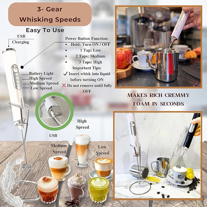 Milk Frother Handheld Rechargeable 3-Speed Electric Frother Wand Whisk Foam Maker Drink Mixer with Stand, 2 Whisks, Spice Shaker, Art Stencils, Art Pen for Coffee Latte, Cappuccino, White