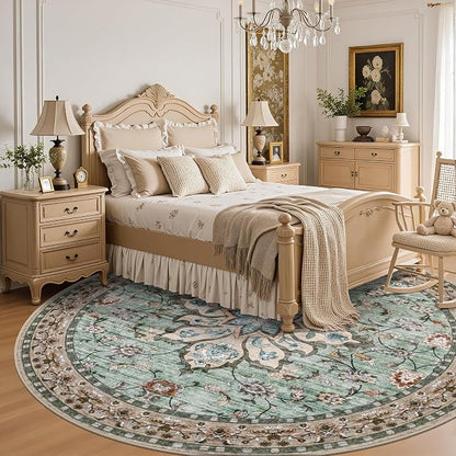 Round Area Rug for Living Room: 4ft Boho Washable Rug Brown Green | Vintage - Image 4
