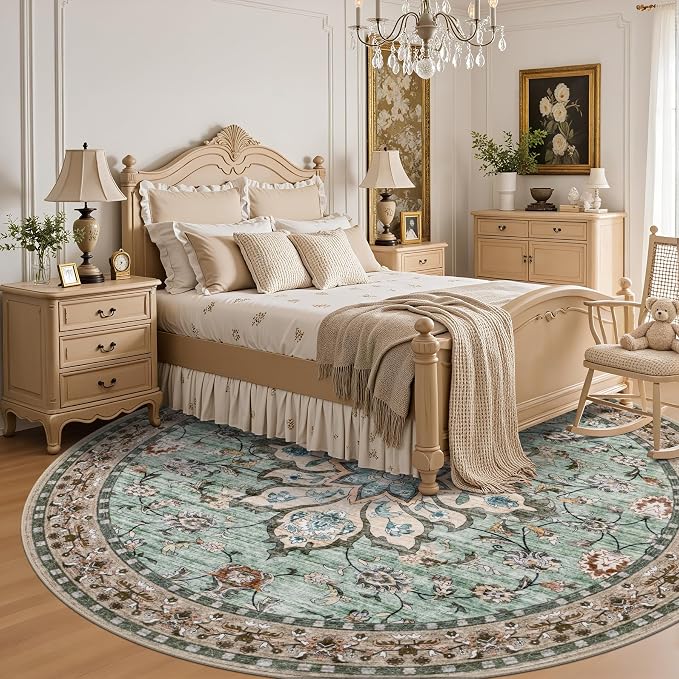 Round Area Rug for Living Room: 6ft Boho Washable Rug Brown Green | Vintage - Image 4