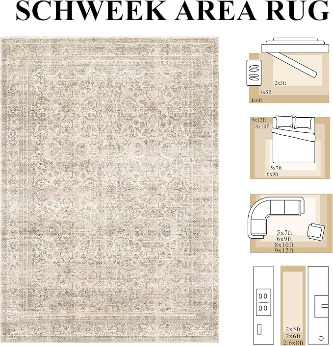 Schweek 10x14 Washable Large Area Rug Beige Neutral Vintage Distressed Rugs | - Image 2