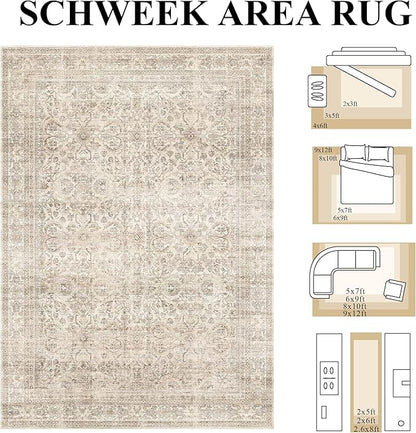 Schweek 6x9 Beige Area Rug Washable Neutral Distressed Rugs - Image 2