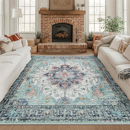 RELEANY Washable Area Rug, Square 8'x8', Teal Green/White/Navy | Non-Slip by RELEANY