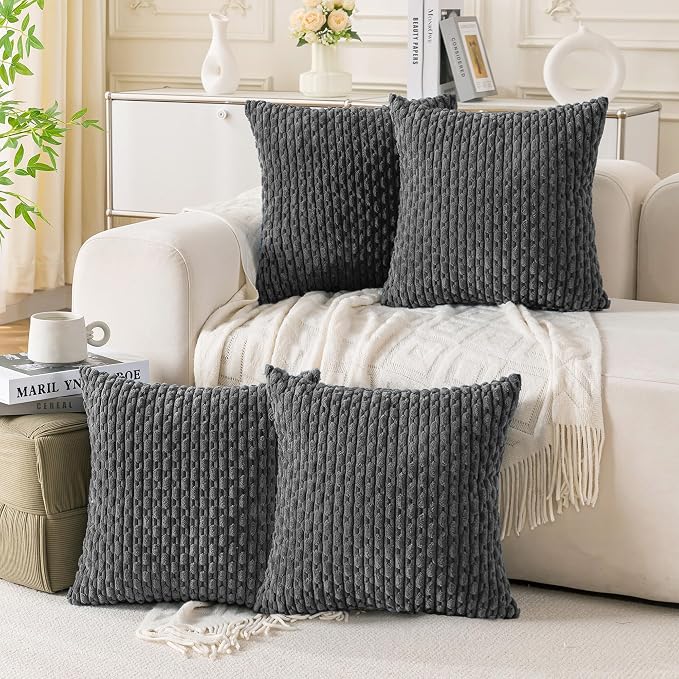 Set of 4 Dark Grey Decorative Throw Pillow Covers 24x24 Inch Corduroy Pillow by Cozoomy