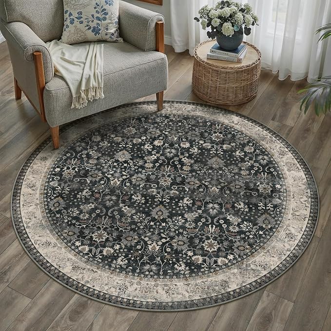 5ft Round Black Beige Vintage Floral Washable Rug by HUGEAR