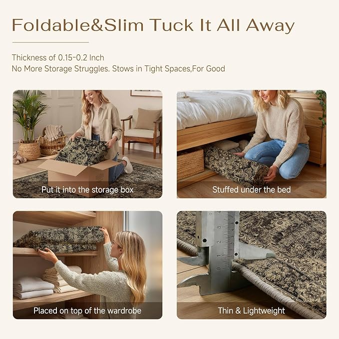 5x7 Brown Retro Floral Washable Area Rug - Image 7